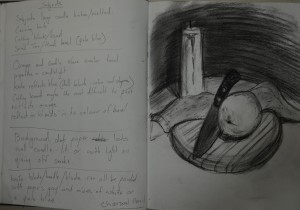 First study - charcoal pencil sketch with notes